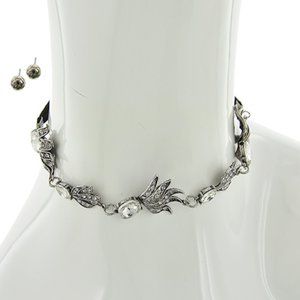 SILVER TONE CLEAR RHINESTONE CHOKER & EARRINGS